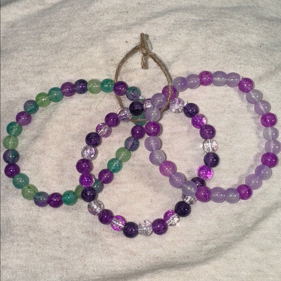 Handmade Purple and Green Glass Beaded Bracelet Set - Picture 2 of 3